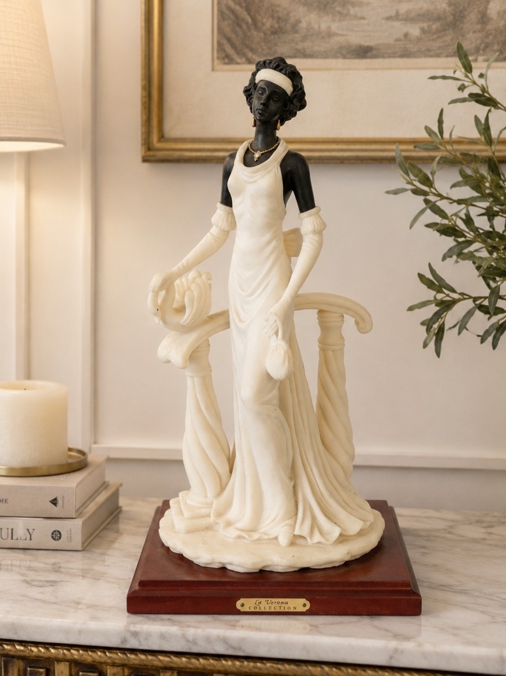 La Verona Collection Lady With Swan Figurine 14" Resin Statue Wood Base